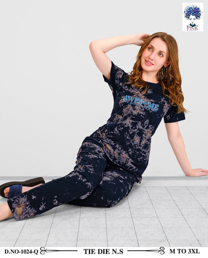 Design 1024 Q Pink Tie Dye Pyjama Night Suits Exporter India