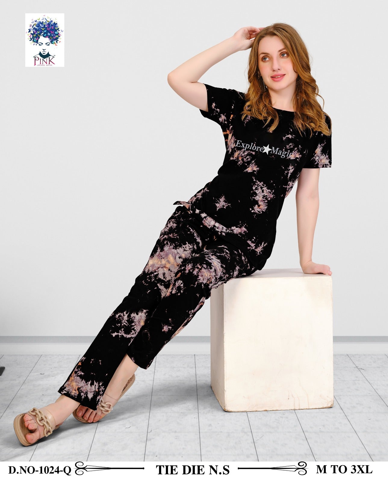 Design 1024 Q Pink Tie Dye Pyjama Night Suits Exporter India