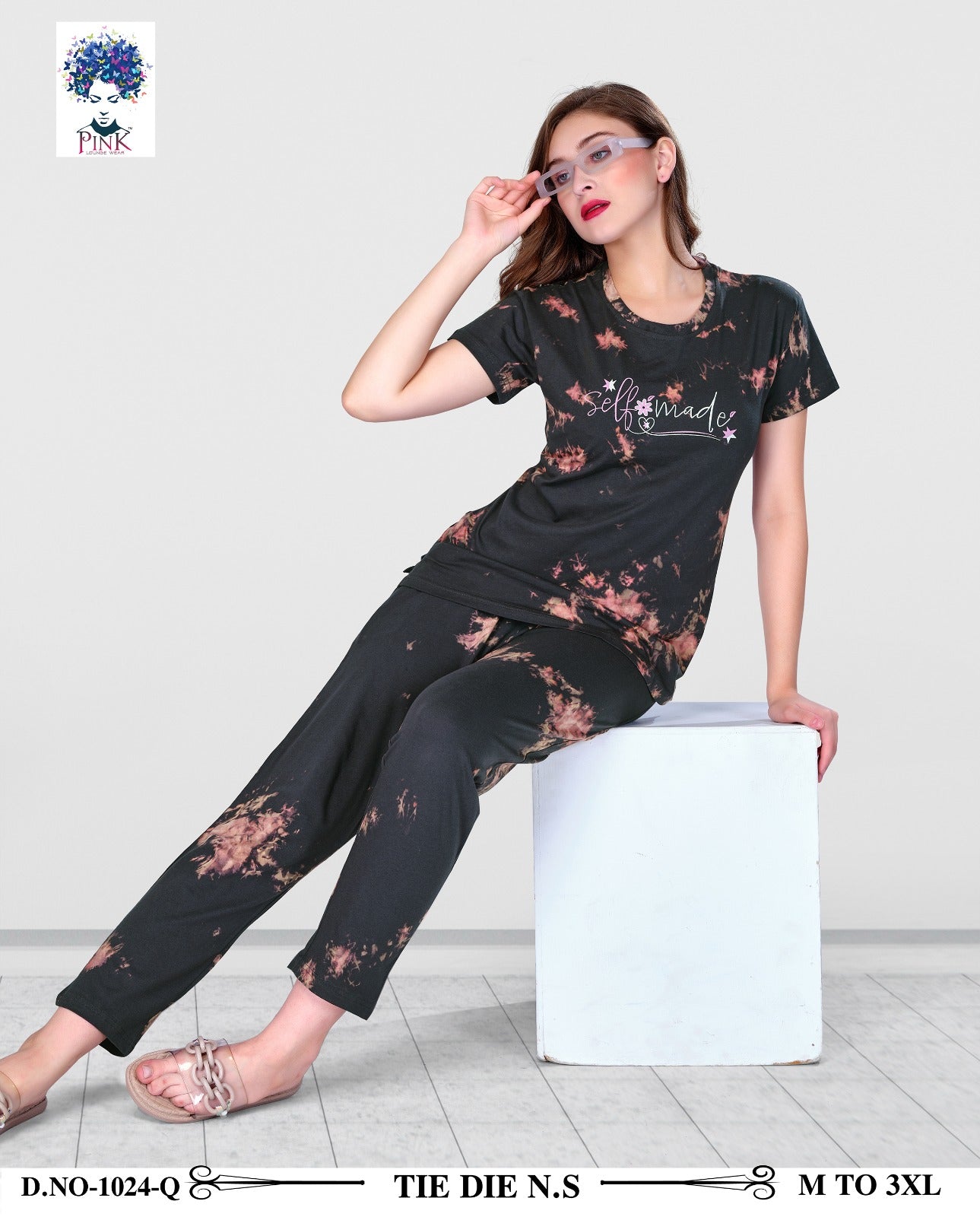 Design 1024 Q Pink Tie Dye Pyjama Night Suits Exporter India