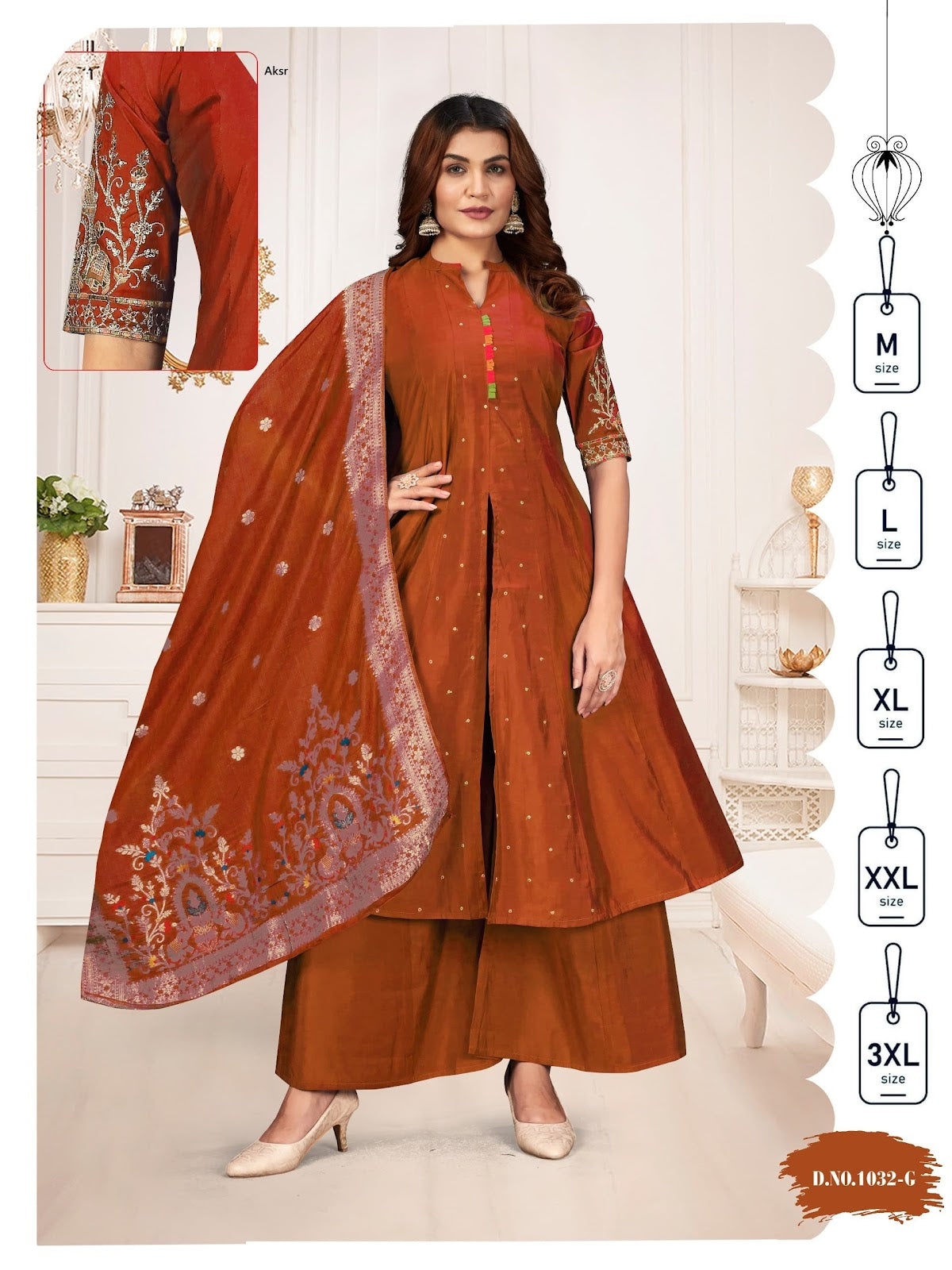 Design 1032 Aksr Roman Silk Readymade Plazzo Style Suits Wholesale Price