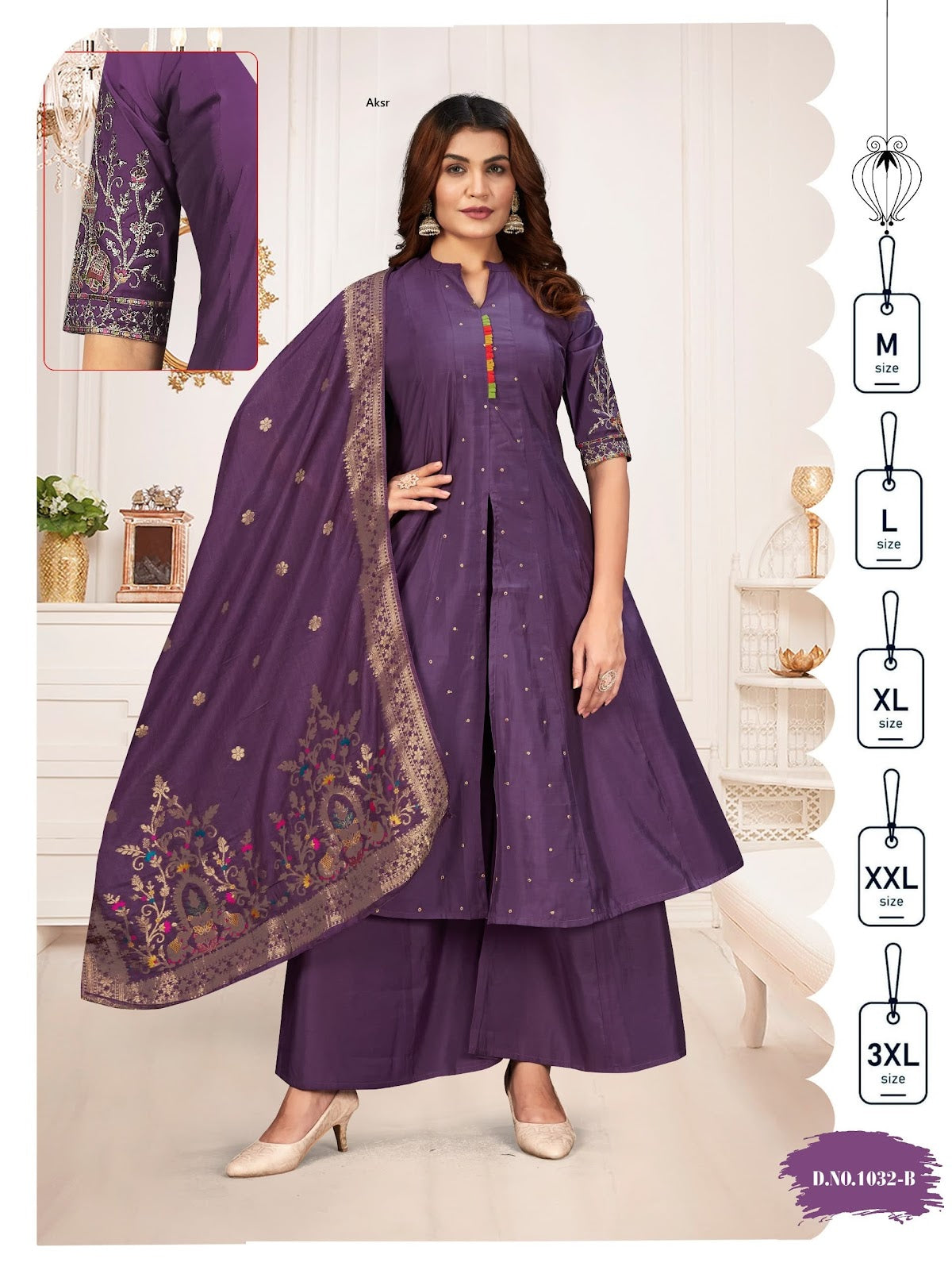 Design 1032 Aksr Roman Silk Readymade Plazzo Style Suits Wholesale Price