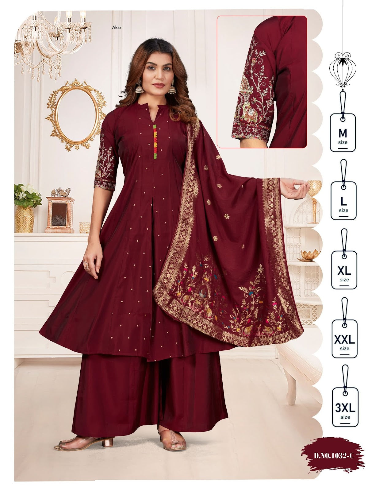 Design 1032 Aksr Roman Silk Readymade Plazzo Style Suits Wholesale Price