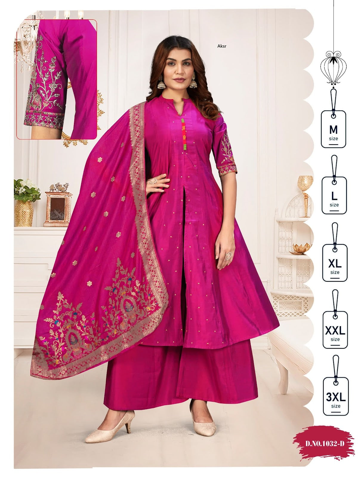 Design 1032 Aksr Roman Silk Readymade Plazzo Style Suits Wholesale Price