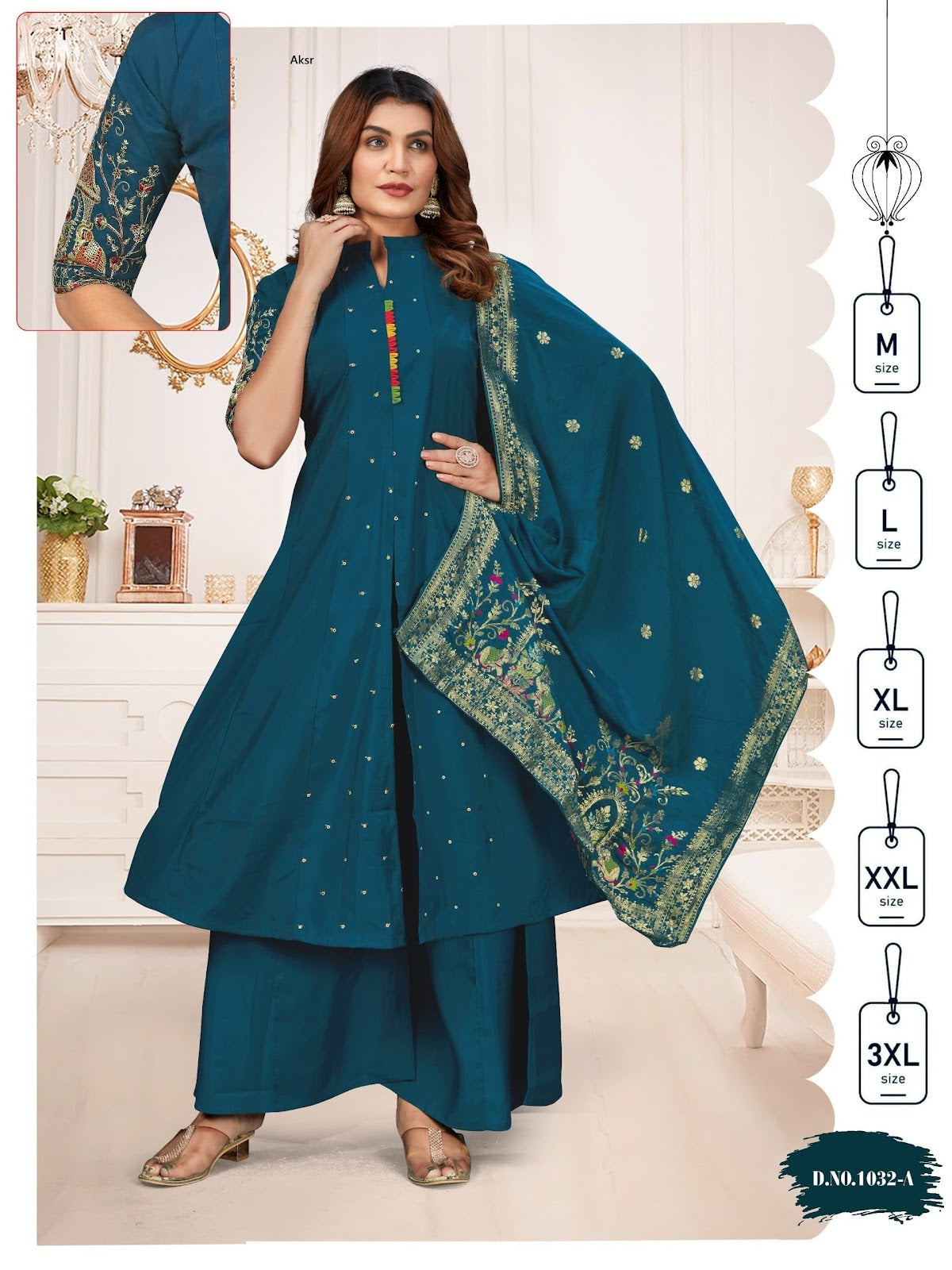 Design 1032 Aksr Roman Silk Readymade Plazzo Style Suits Wholesale Price