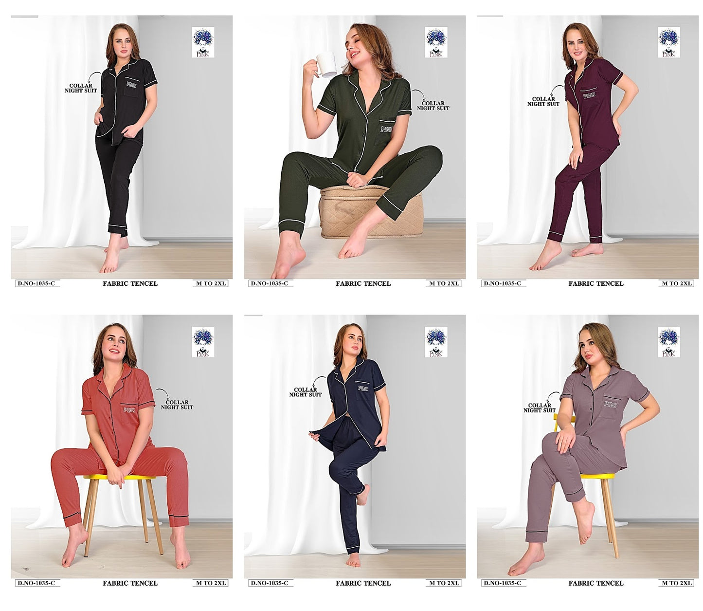 Design 1035 Pink Tencil Collar Night Suits Supplier