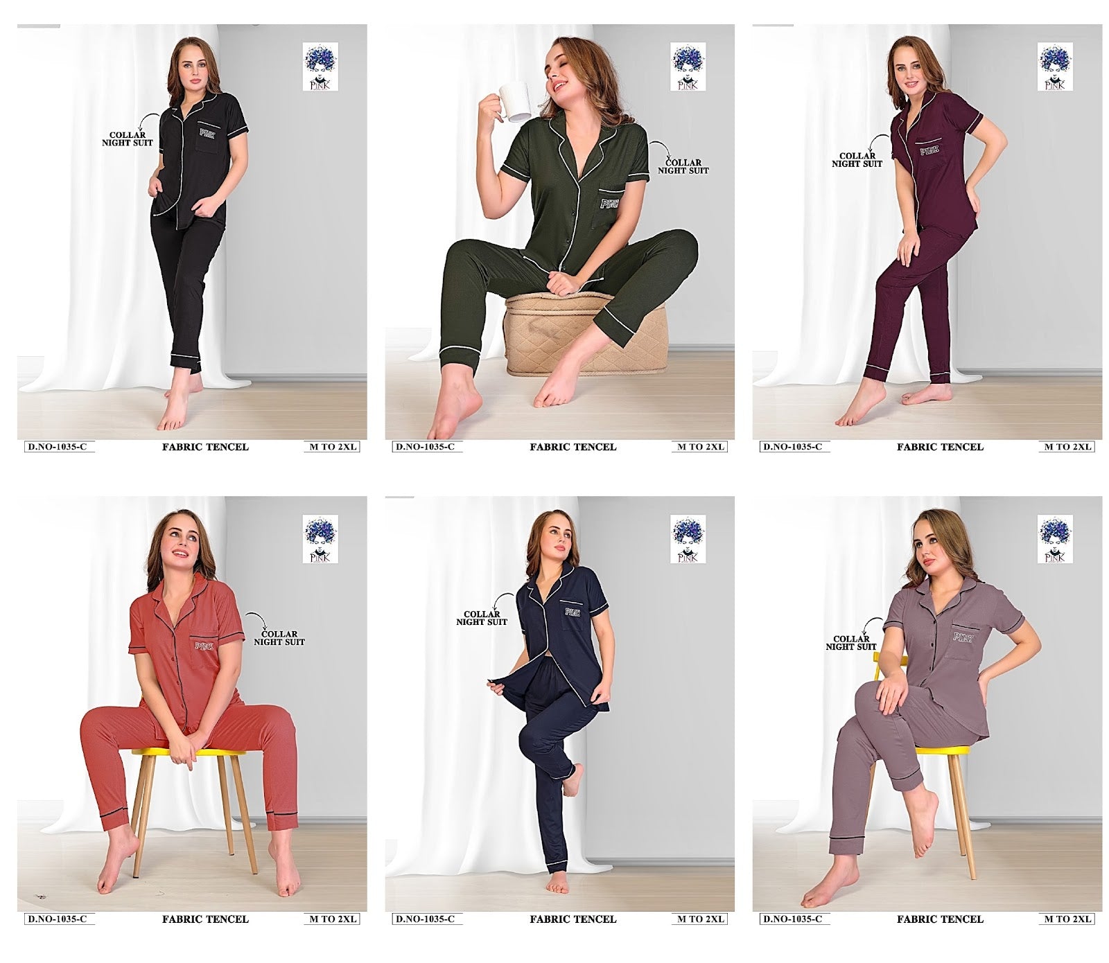 Design 1035 Pink Tencil Collar Night Suits Supplier