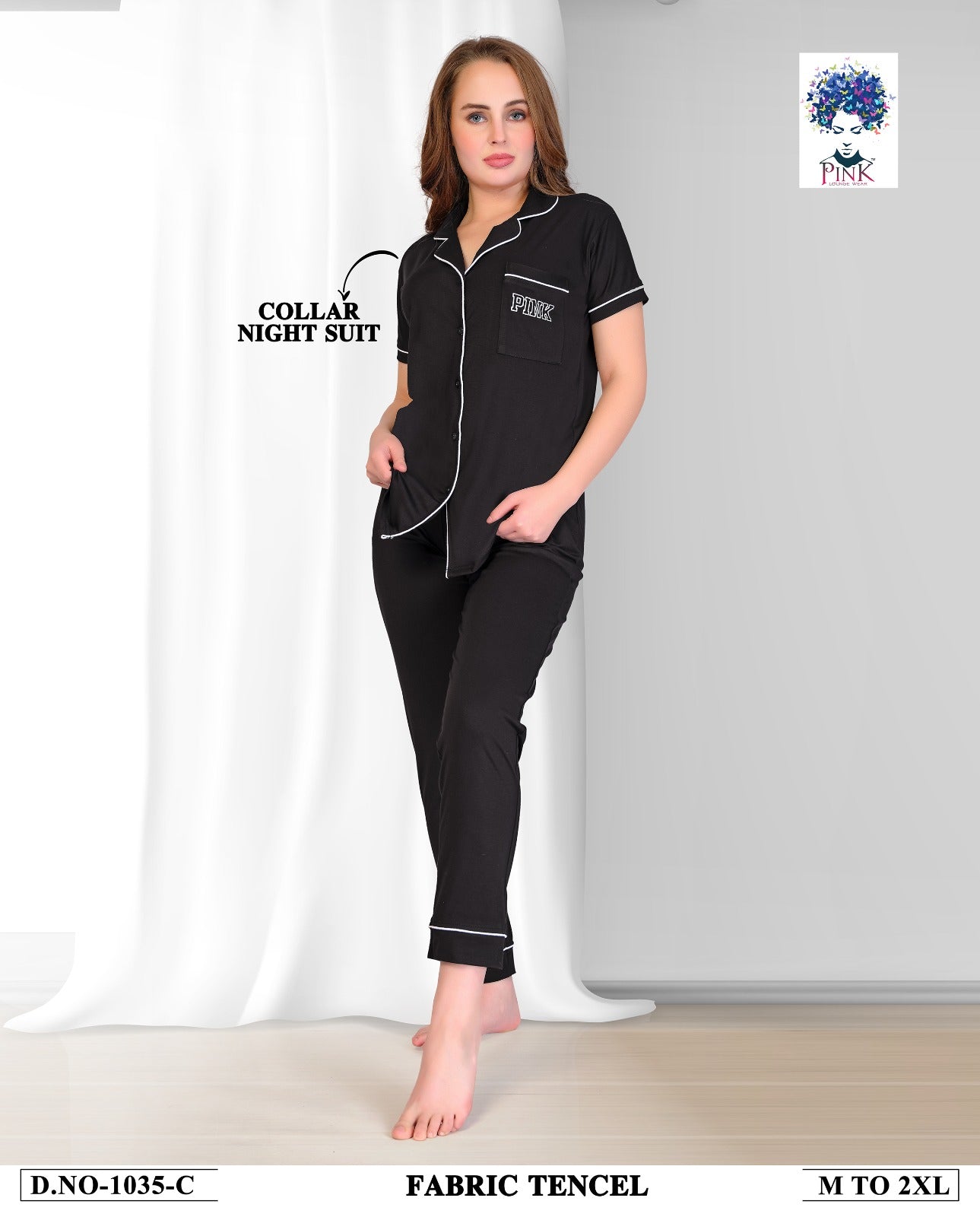 Design 1035 Pink Tencil Collar Night Suits Supplier