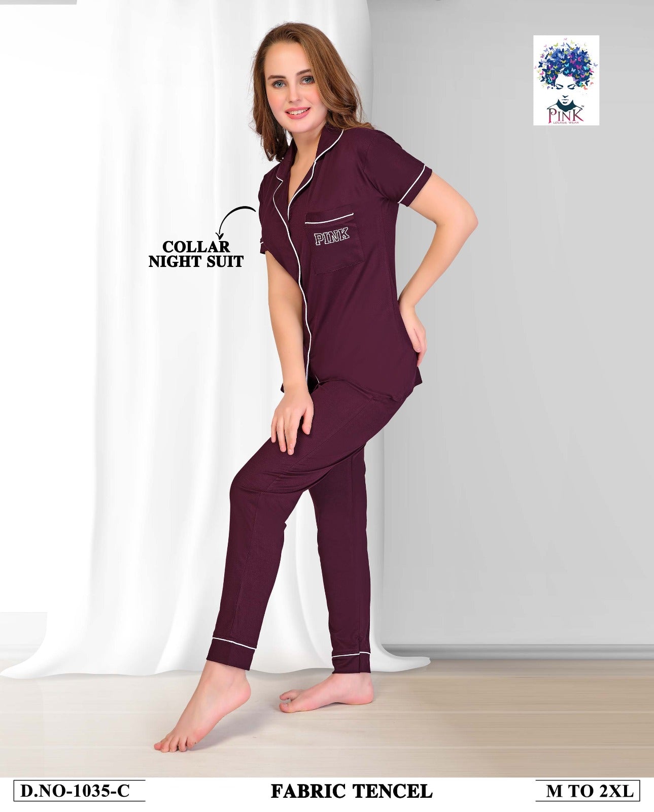 Design 1035 Pink Tencil Collar Night Suits Supplier