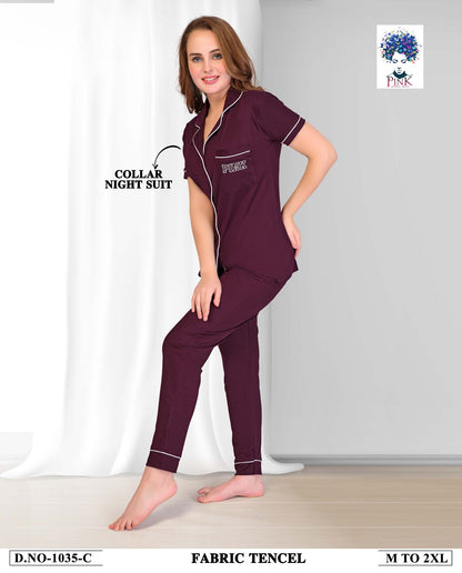 Design 1035 Pink Tencil Collar Night Suits Supplier