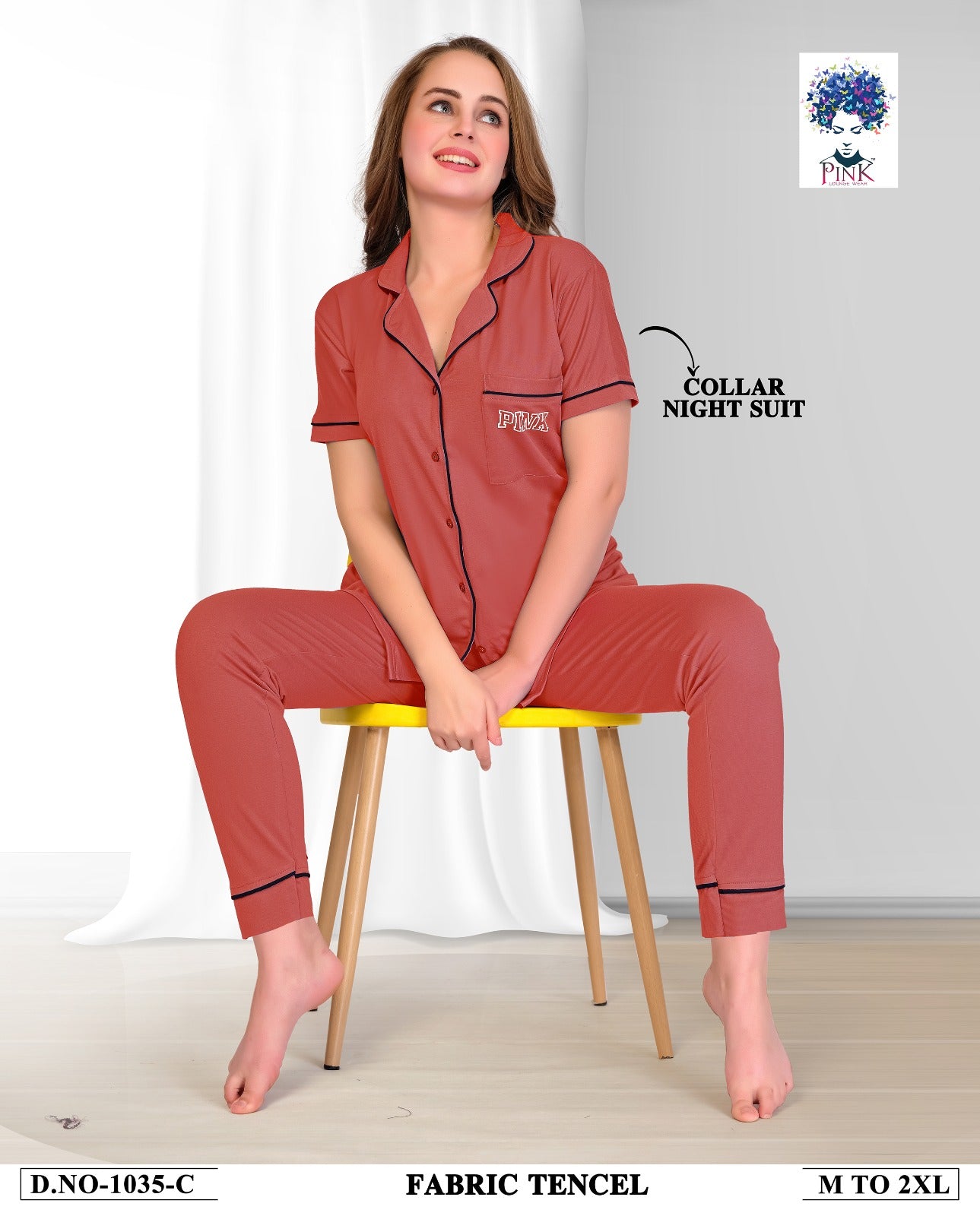 Design 1035 Pink Tencil Collar Night Suits Supplier