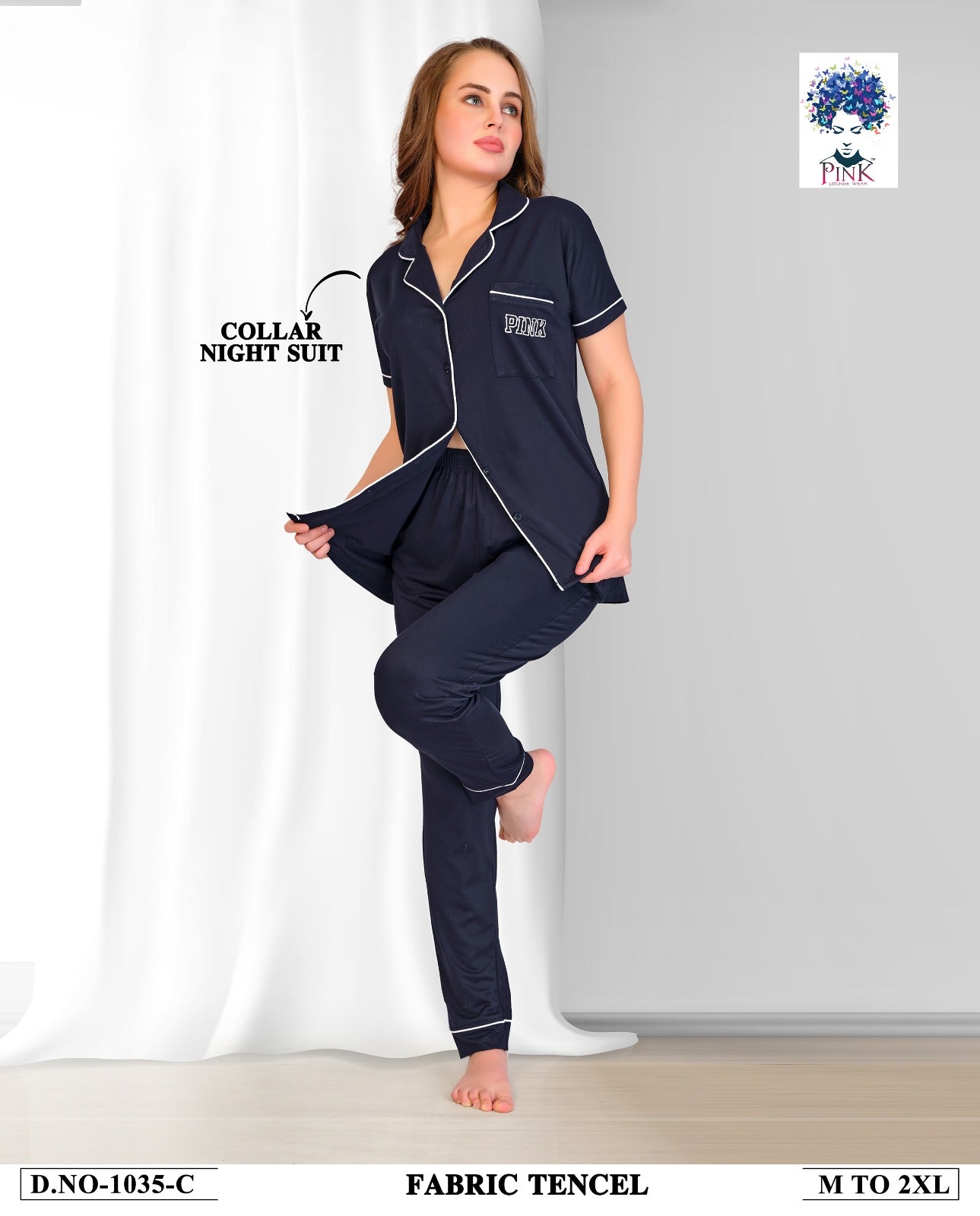 Design 1035 Pink Tencil Collar Night Suits Supplier