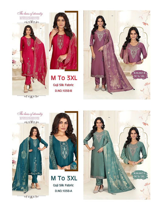 Design 1037-1038 Aksr Gaji Silk Readymade Pant Style Suits Wholesaler India