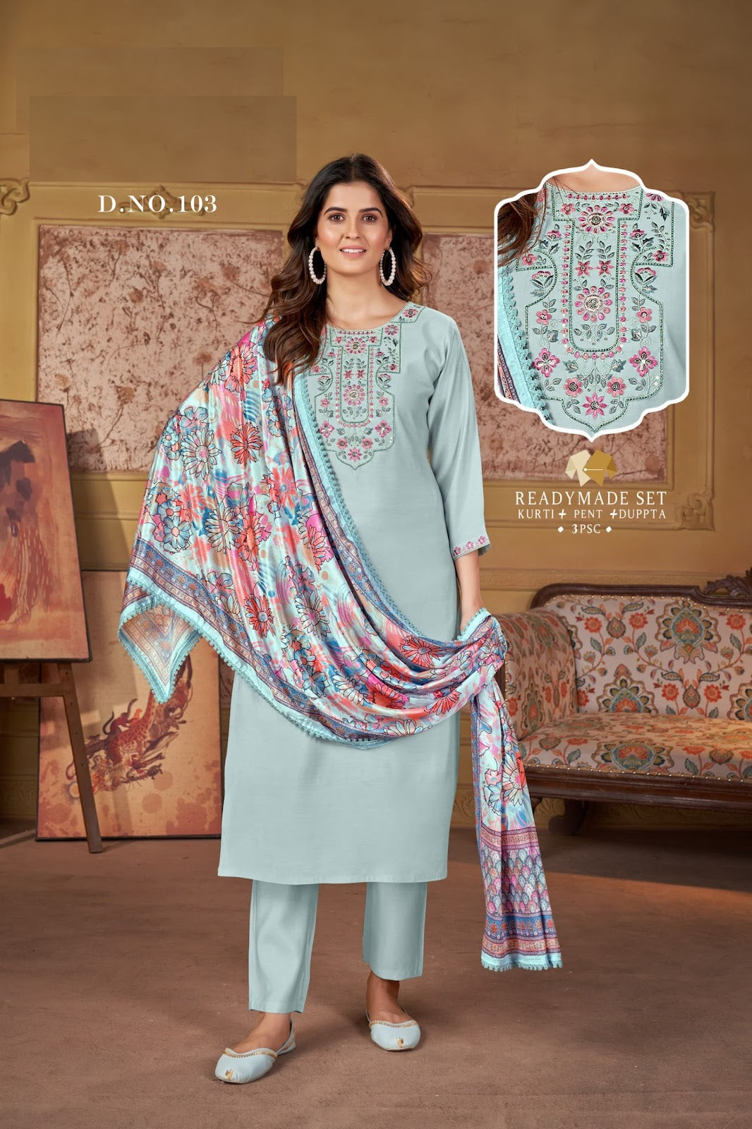 Design 103 Dzi Roman Silk Readymade Pant Style Suits Supplier Ahmedabad