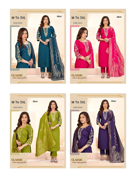 Design 1042 Aksr Roman Silk Readymade Pant Style Suits Wholesale Price