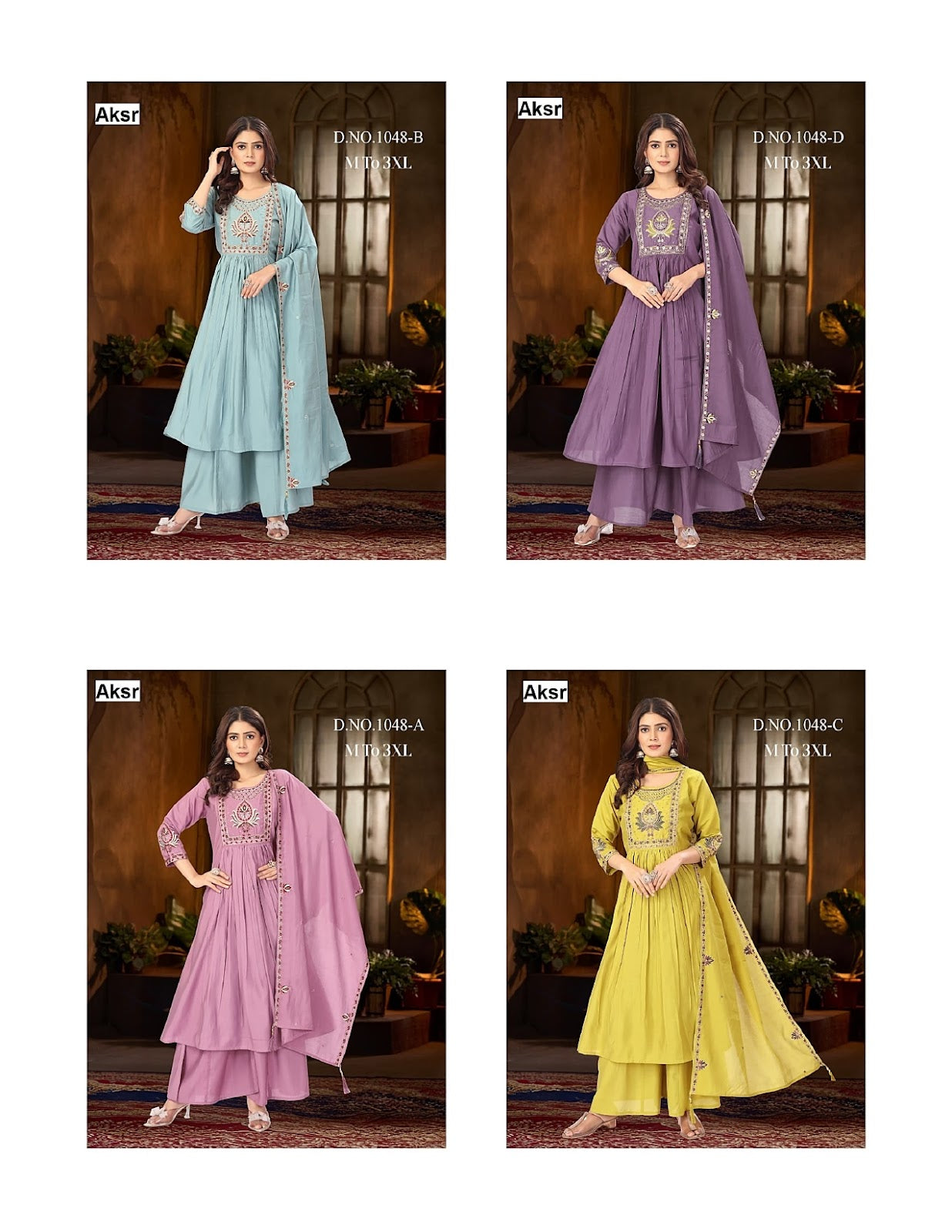 Design 1048 Aksr Roman Silk Readymade Plazzo Style Suits Wholesale Price