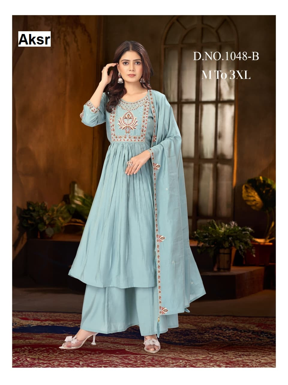 Design 1048 Aksr Roman Silk Readymade Plazzo Style Suits Wholesale Price