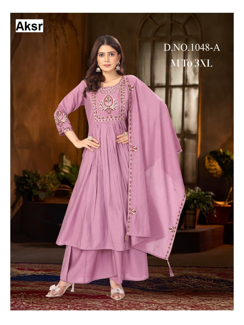 Design 1048 Aksr Roman Silk Readymade Plazzo Style Suits Wholesale Price