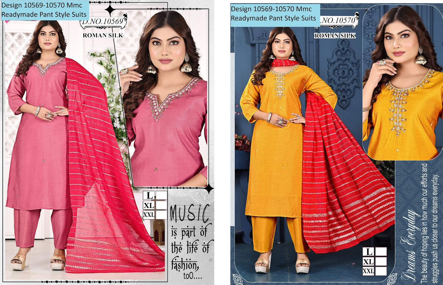 Design 10569-10570 Mmc Roman Silk Readymade Pant Style Suits Wholesale Price