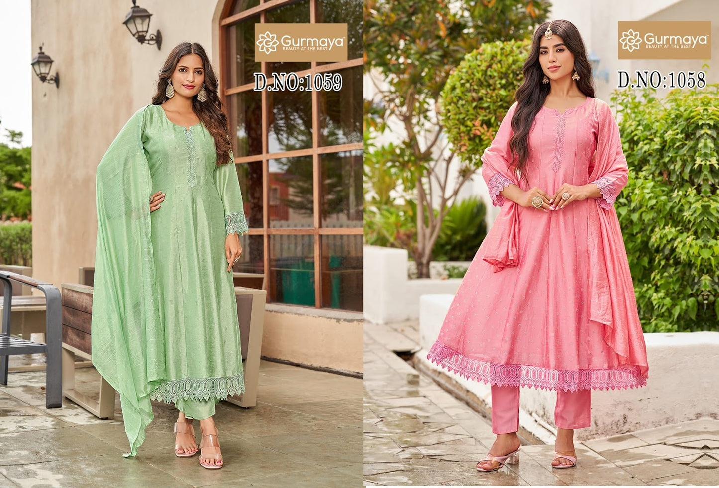 Design 1058-1059 Gurmaya Aanchi Vichitra Silk Readymade Anarkali Suits Wholesaler Ahmedabad