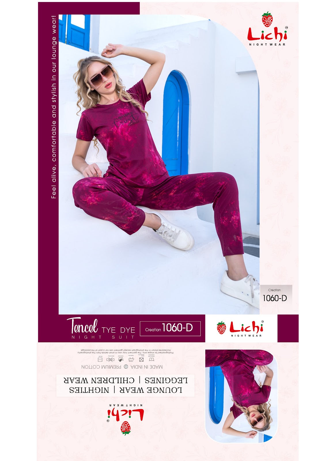 Design 1060 Lichi Tie Dye Pyjama Night Suits Exporter