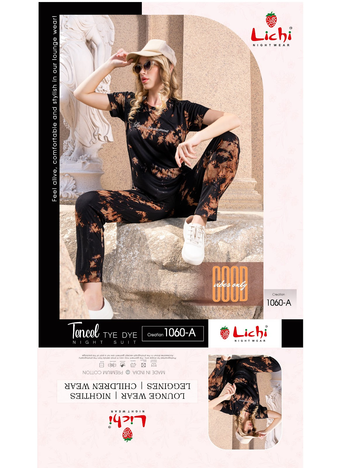 Design 1060 Lichi Tie Dye Pyjama Night Suits Exporter