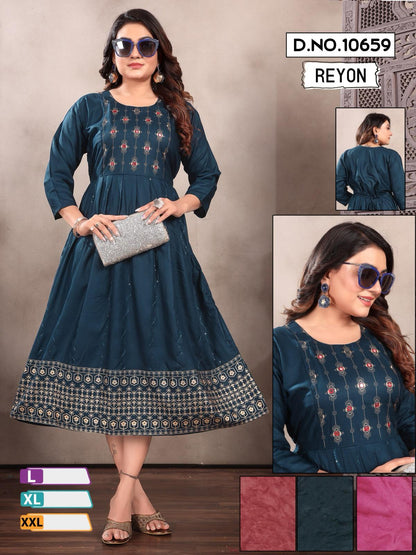 Design 10659-10662 Mmc Reyon Anarkali Kurtis Wholesaler India