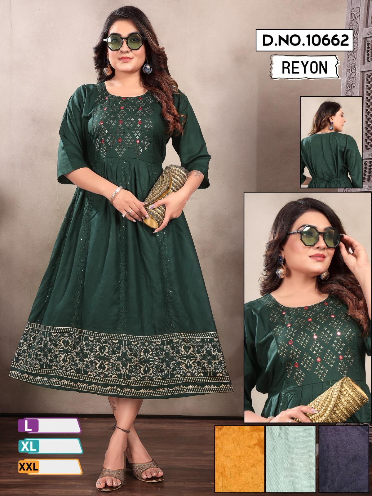Design 10659-10662 Mmc Reyon Anarkali Kurtis Wholesaler India