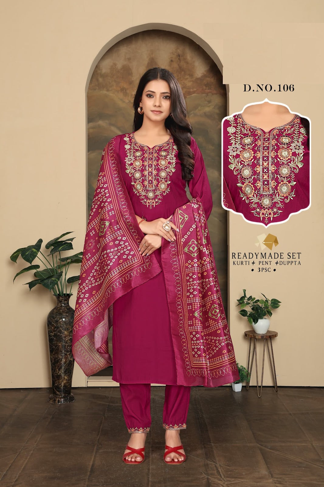 Design 106 Dzi Roman Silk Readymade Pant Style Suits Exporter Ahmedabad