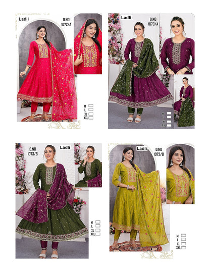 Design 1072-1073 Ladli Vichitra Silk Readymade Anarkali Suits Wholesale Price