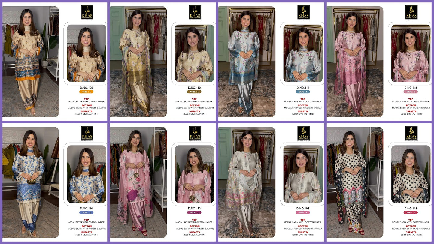 Design 108 To 115 Khas Modal Satin Pakistani Readymade Suits Supplier Gujarat