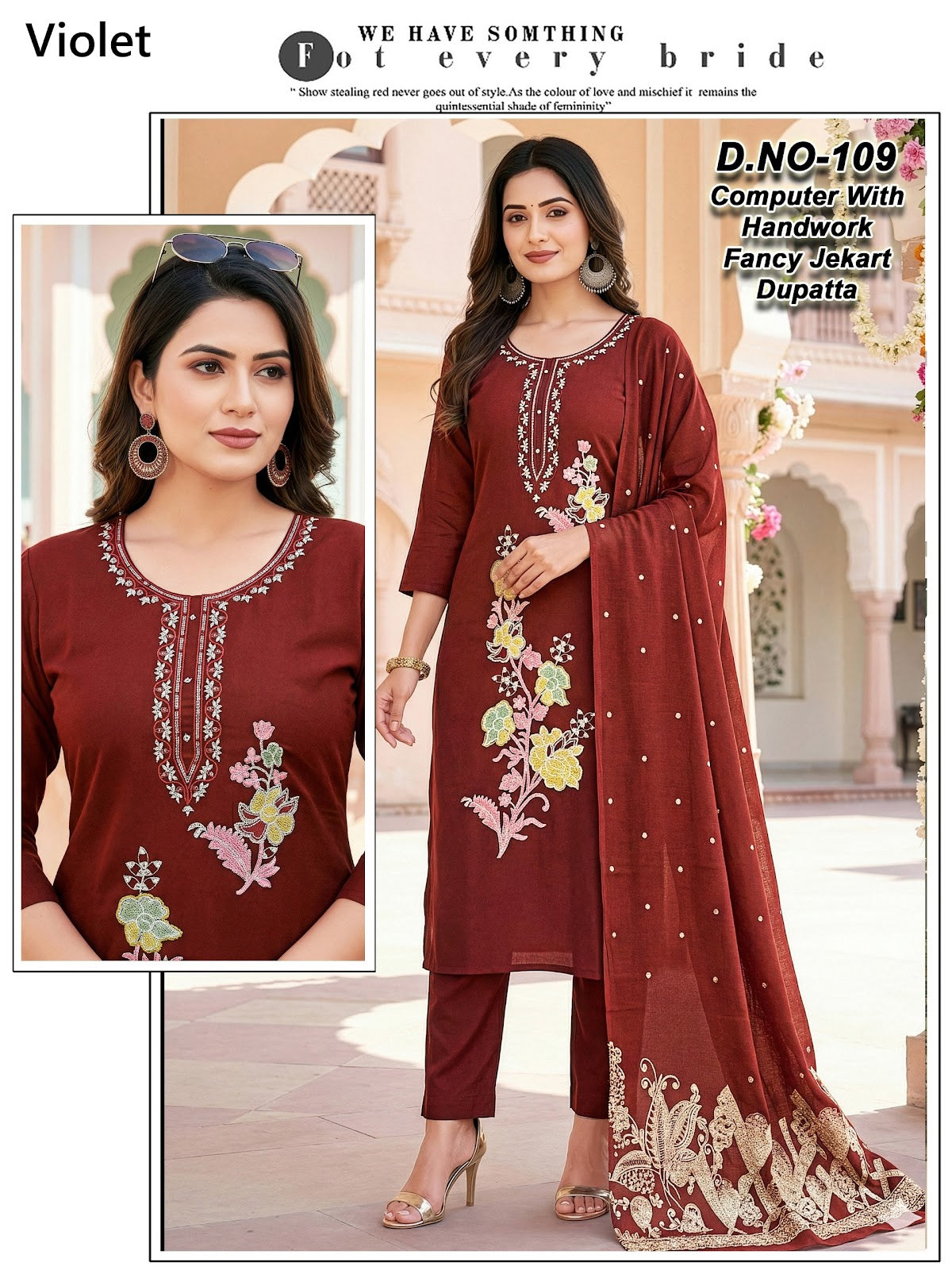 Design 109-112 Violet Roman Silk Readymade Pant Style Suits Wholesale