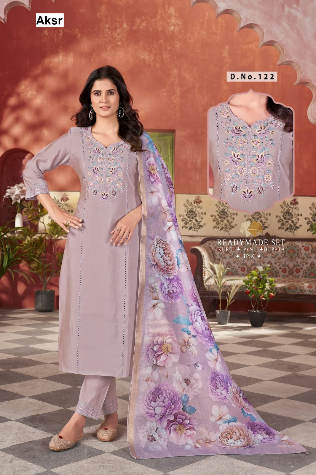 Design 110-122 Aksr Roman Silk Readymade Pant Style Suits Manufacturer India