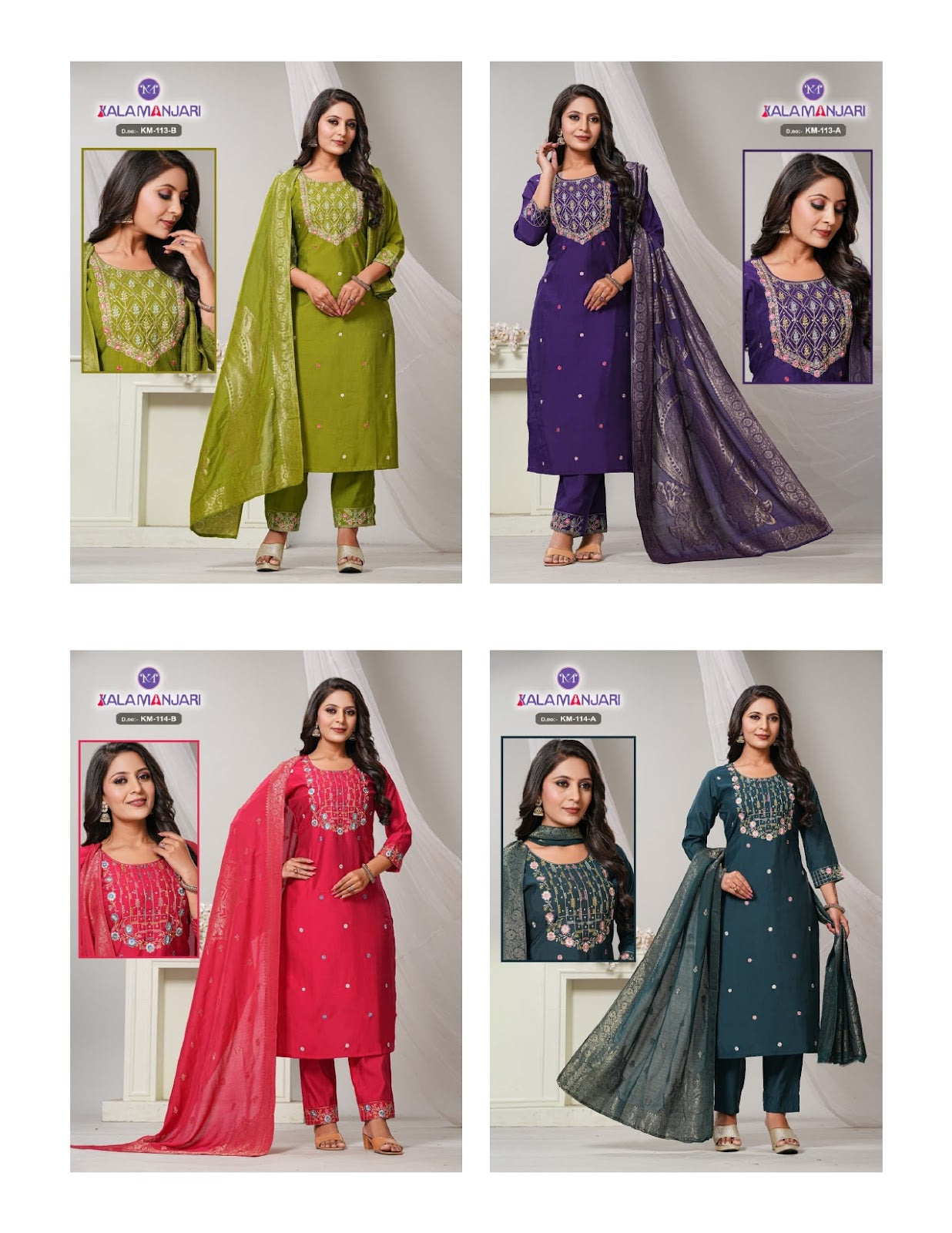 Design 113-114 Kalamanjari Karissa Roman Readymade Pant Style Suits Wholesaler India