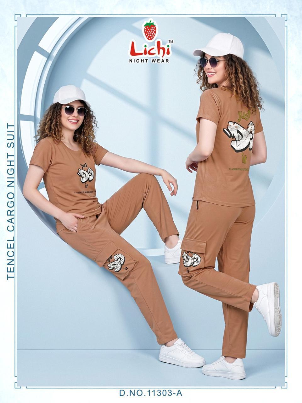 Design 11303 Cargo Lichi Tencil Pyjama Night Suits Wholesale