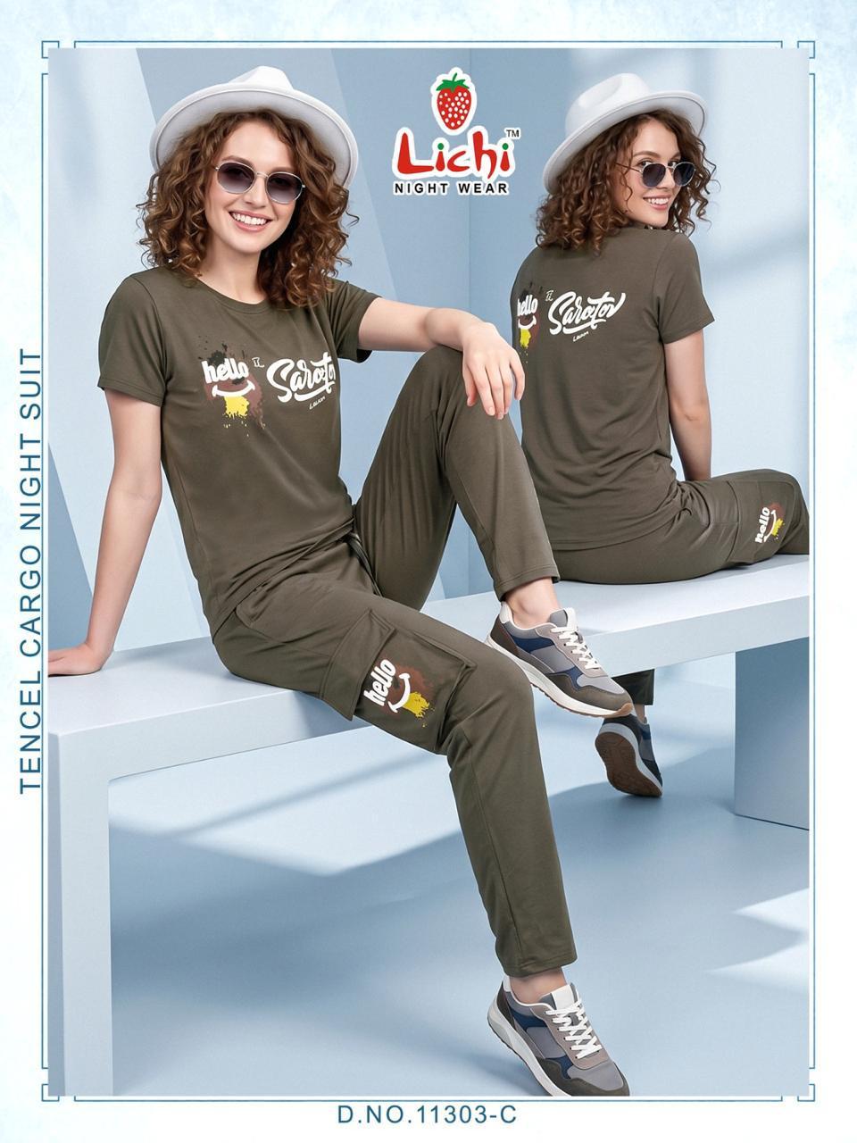 Design 11303 Cargo Lichi Tencil Pyjama Night Suits Wholesale