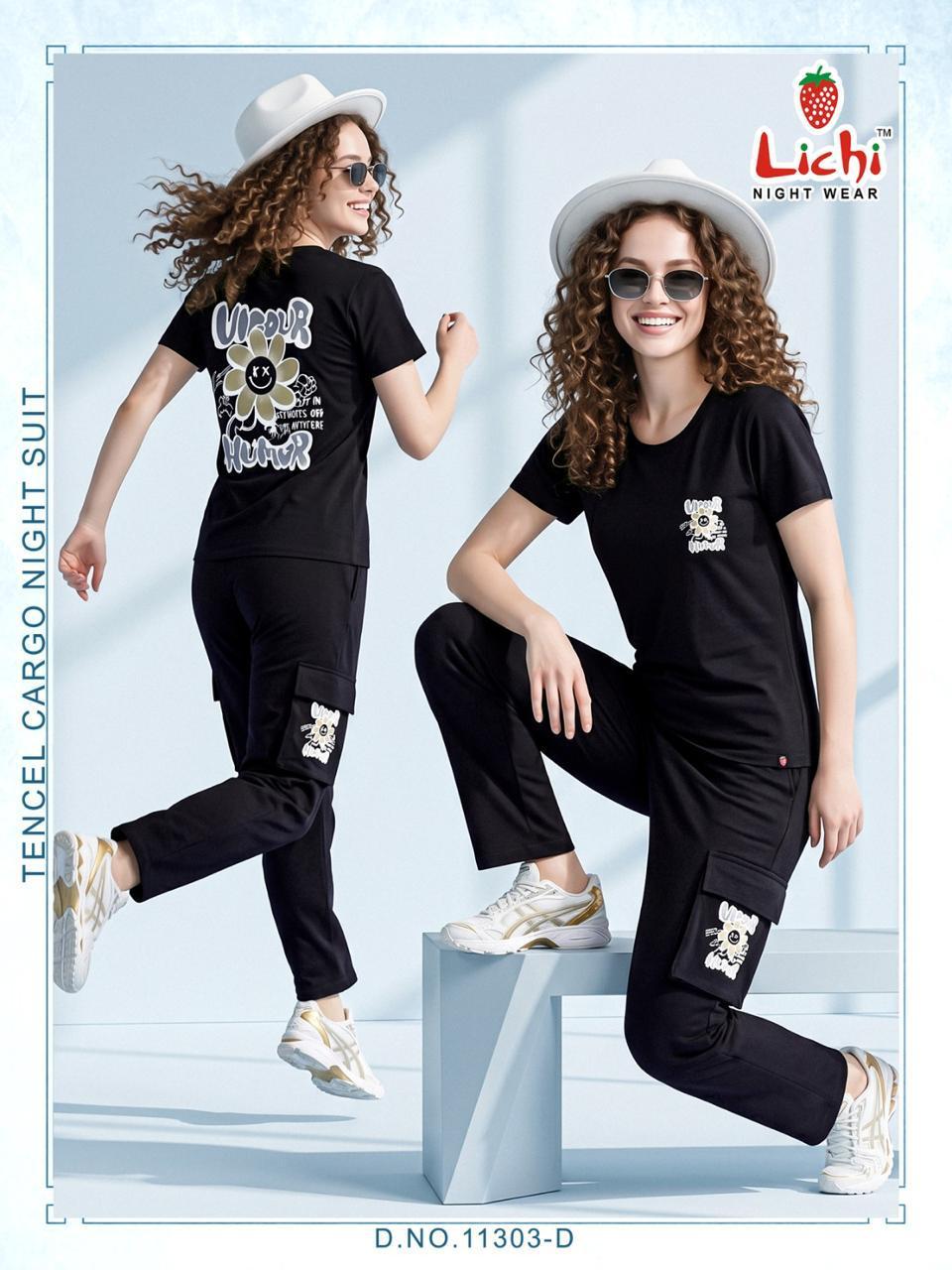 Design 11303 Cargo Lichi Tencil Pyjama Night Suits Wholesale
