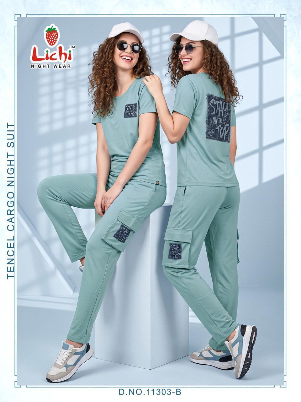 Design 11303 Cargo Lichi Tencil Pyjama Night Suits Wholesale