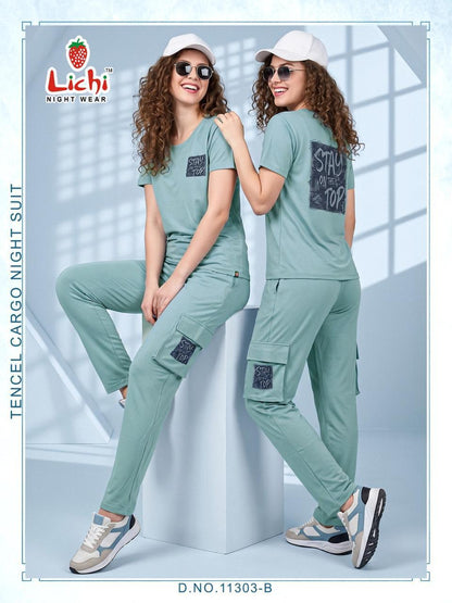Design 11303 Cargo Lichi Tencil Pyjama Night Suits Wholesale
