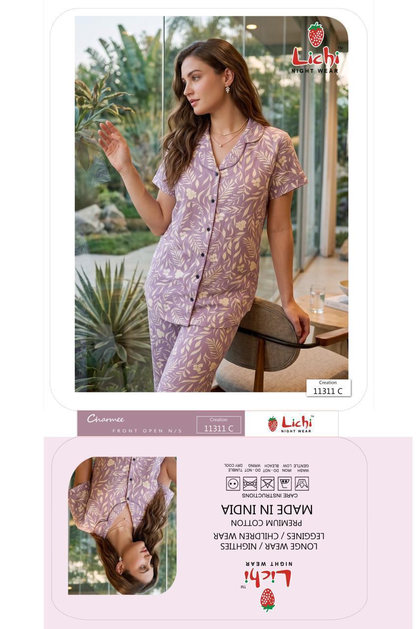Design 11311 Lichi Cotton Collar Night Suits Exporter Gujarat
