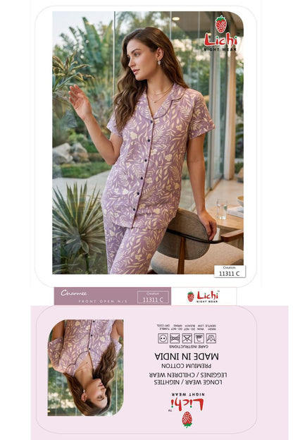 Design 11311 Lichi Cotton Collar Night Suits Exporter Gujarat