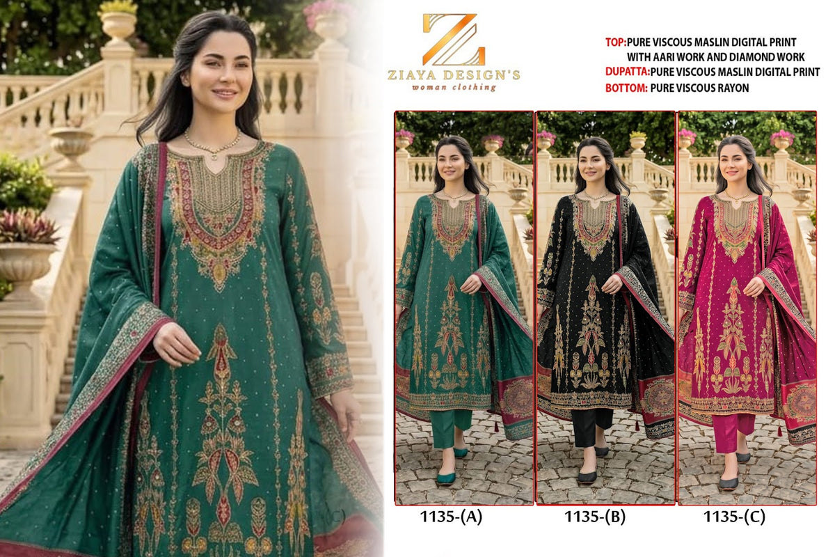 Design 1135 Ziaya Design Viscose Muslin Pakistani Salwar Suits Exporter Ahmedabad