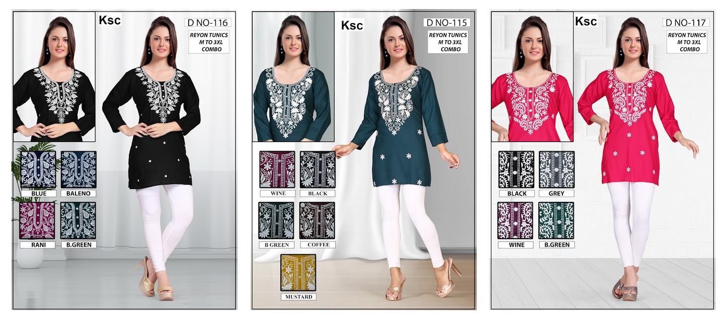 Design 115-117 Ksc Reyon Short Kurtis Exporter Ahmedabad