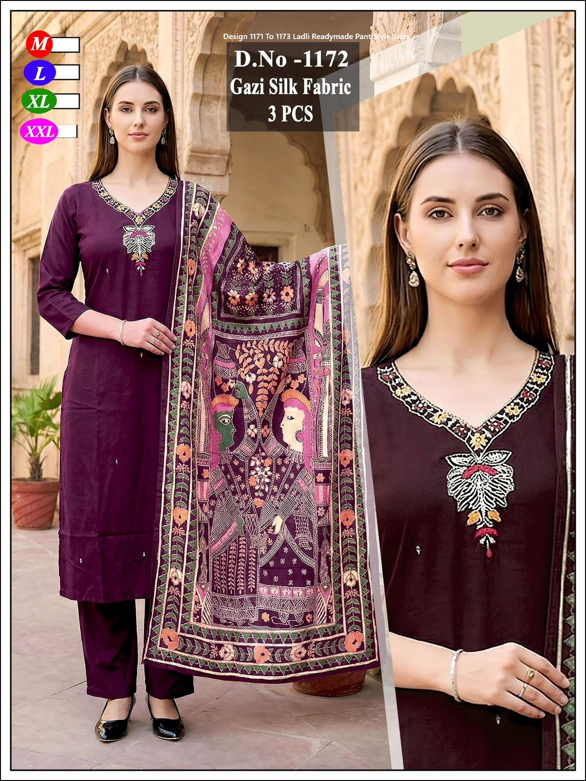 Design 1171 To 1173 Ladli Gaji Silk Readymade Pant Style Suits Manufacturer India