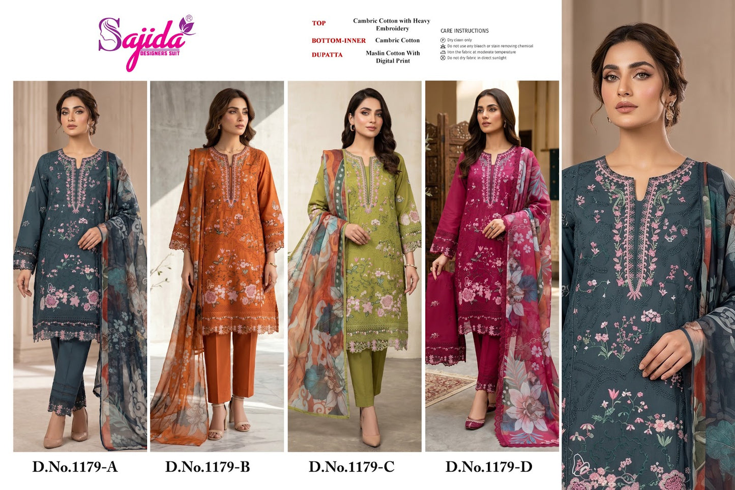 Design 1179 Sajida Cambric Cotton Pakistani Salwar Suits Exporter