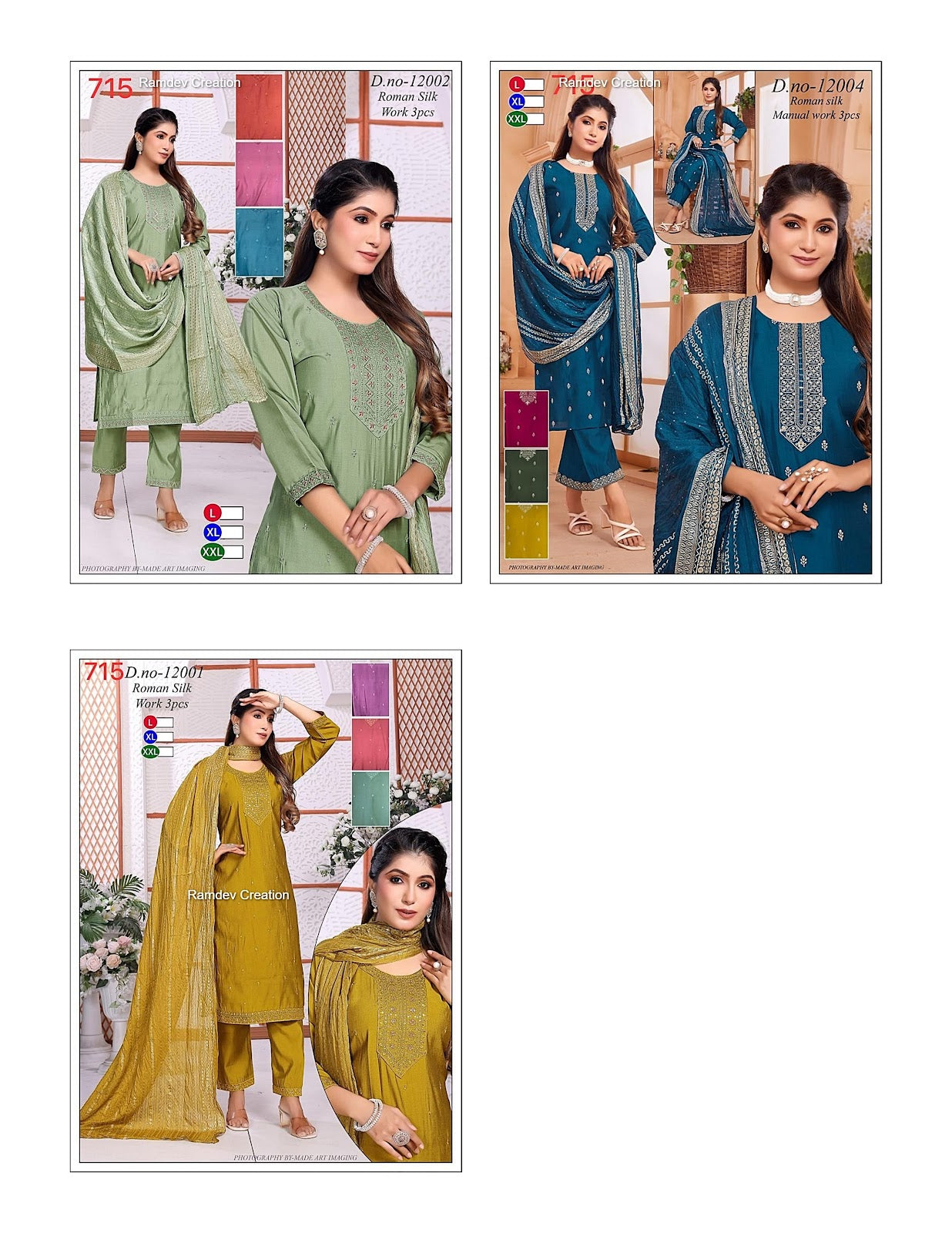 Design 12001 12004 Ramdev Creation Roman Silk Readymade Pant Style Suits Supplier Gujarat