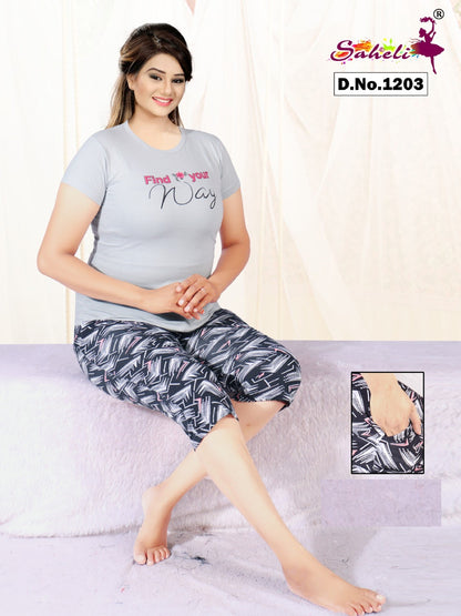 Design 1203 Gayatri Saheli Capri Night Suits Wholesale Rate