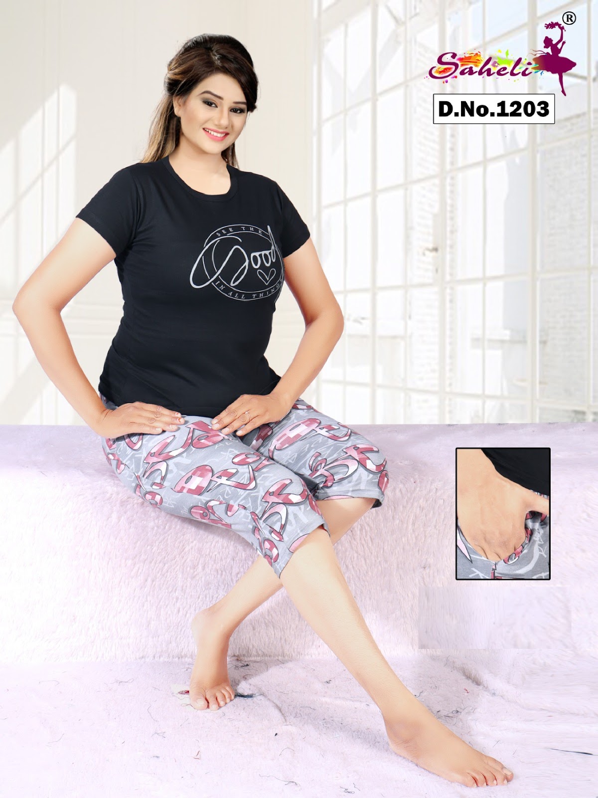 Design 1203 Gayatri Saheli Capri Night Suits Wholesale Rate