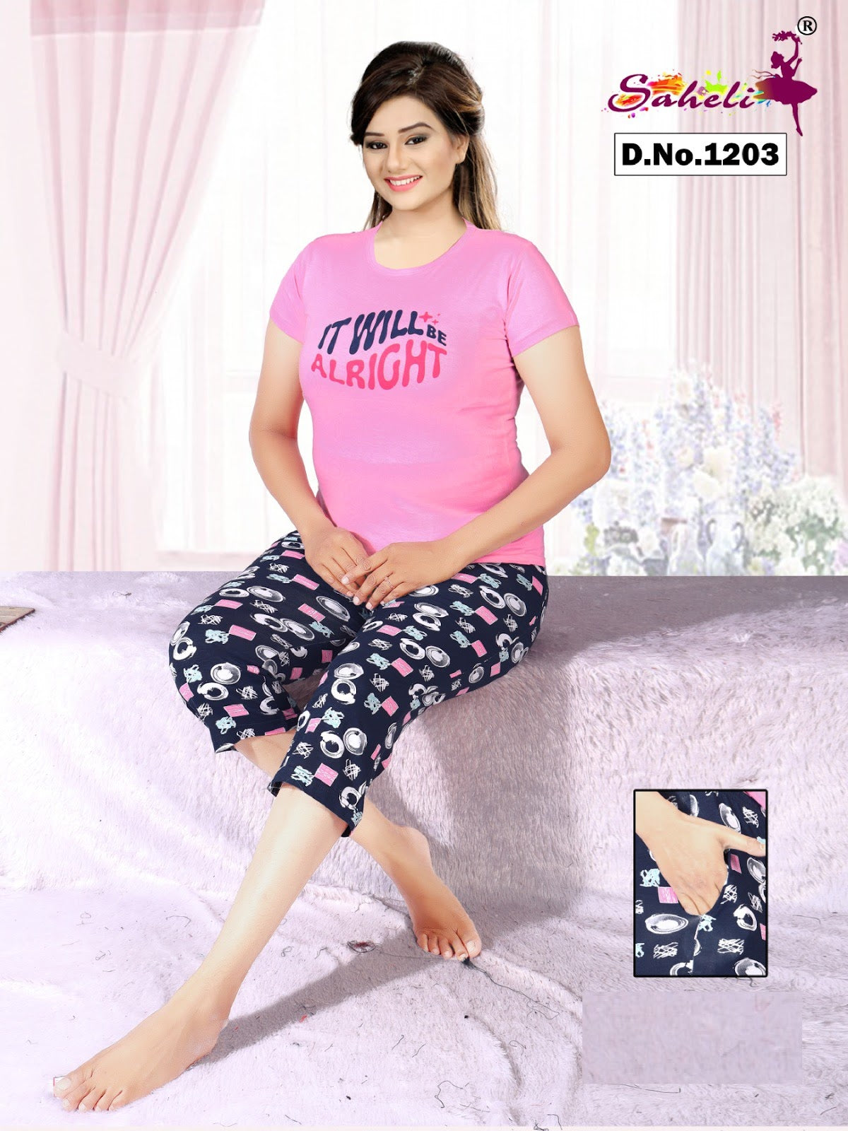 Design 1203 Gayatri Saheli Capri Night Suits Wholesale Rate