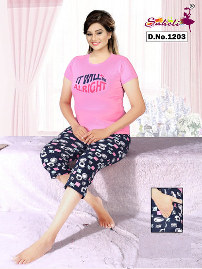 Design 1203 Gayatri Saheli Capri Night Suits Wholesale Rate