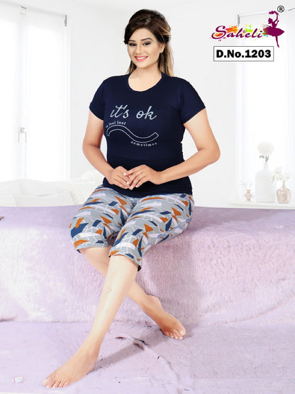 Design 1203 Gayatri Saheli Capri Night Suits Wholesale Rate